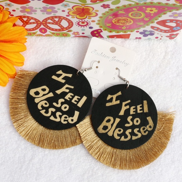 Large Boho Christian Earrings Wood Fan Tassel - Picture 3 of 4